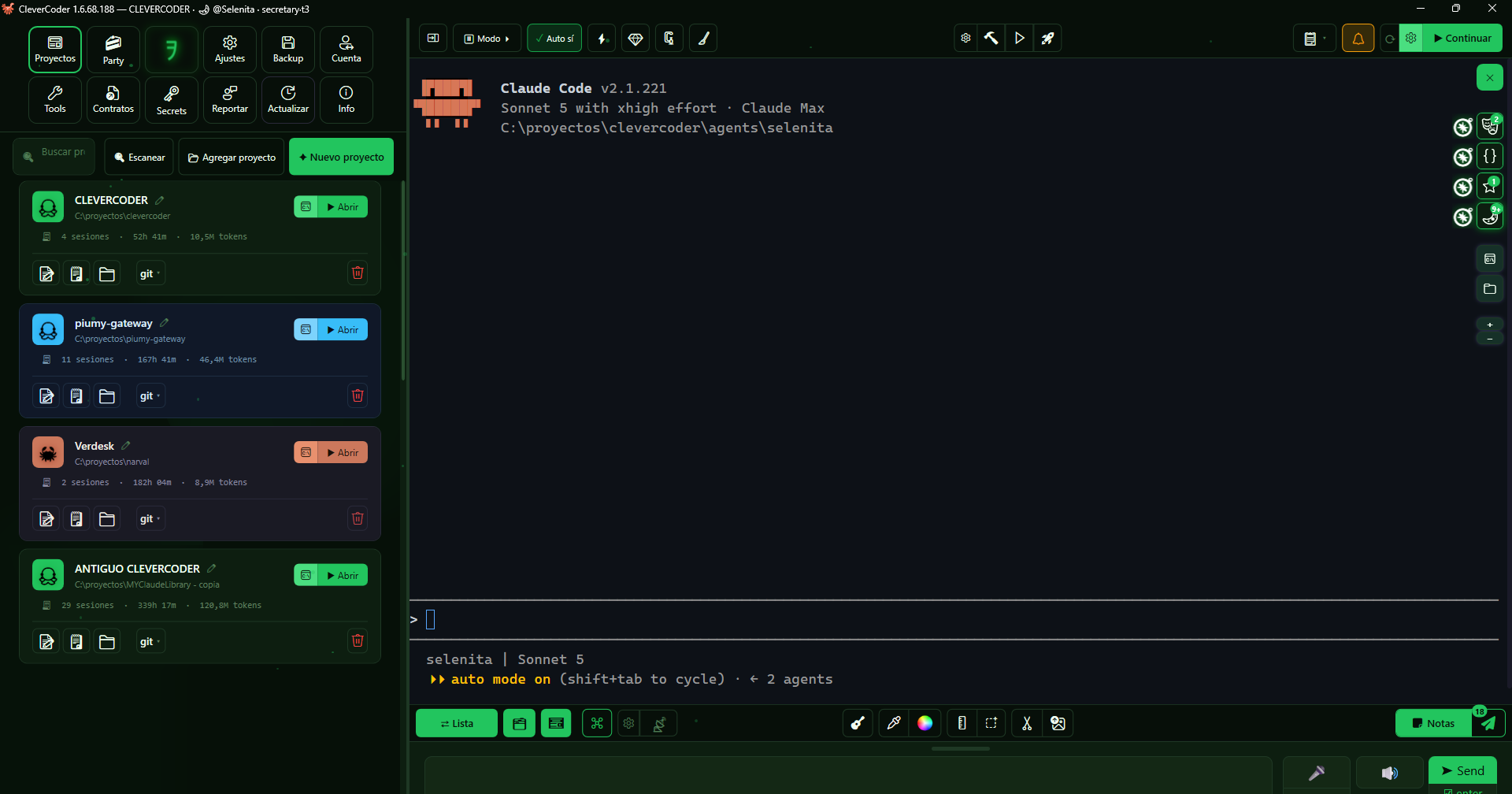 CleverCoder, AI agents for coding on Windows: project list and a Claude Code session, full size