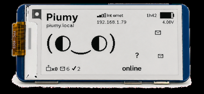 Piumy e-ink device (piumy.local) with a status screen: network, battery and “online”